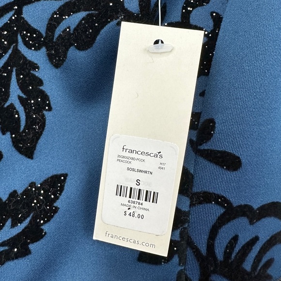 Francesca’s Sleeveless Mini Dress In Blue w/ Velvety Black Floral Design Size S - Picture 2 of 7